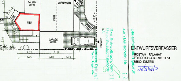 Bauplan mit Genehmigungsstempel, beantragt von Rostam Falahat